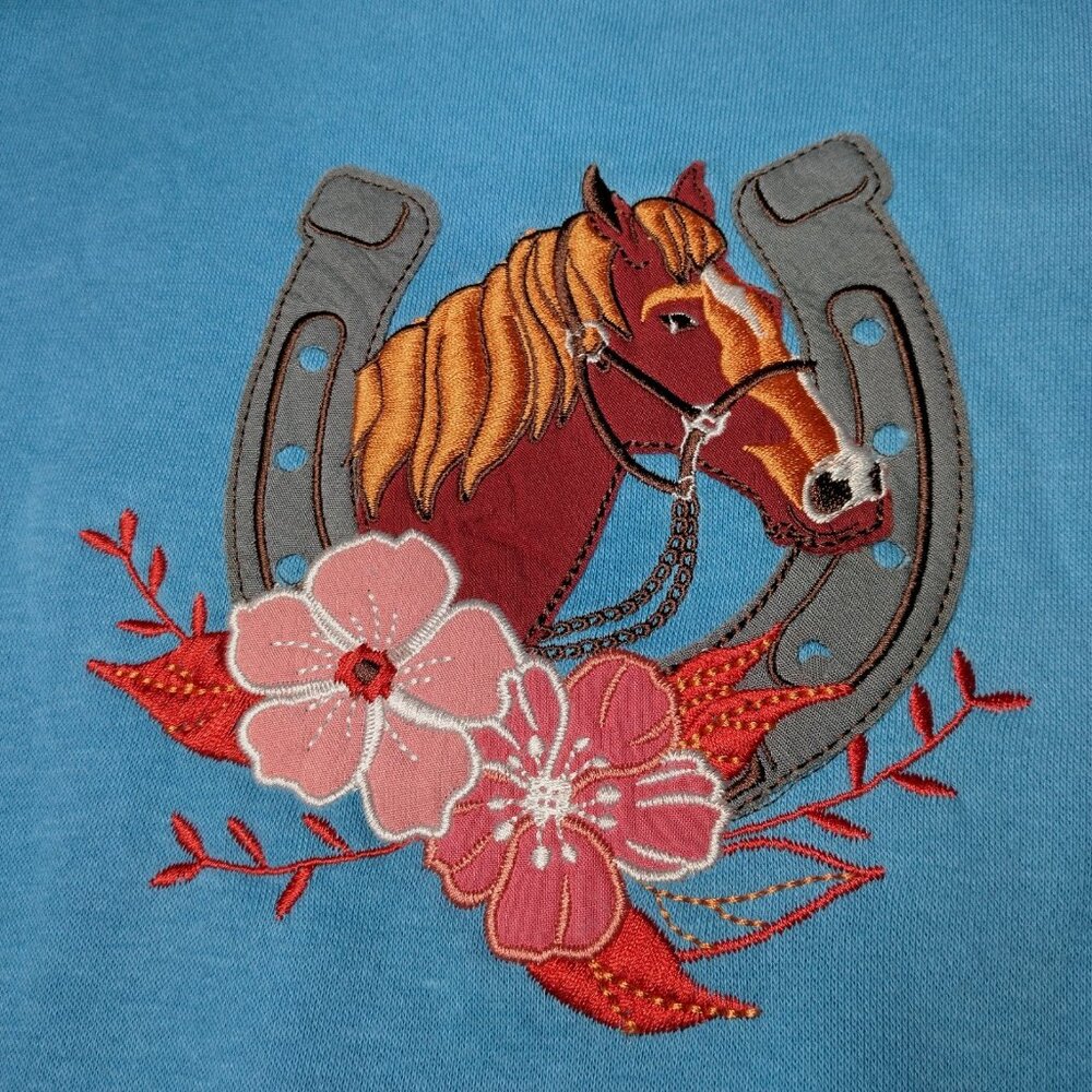 Adrian Delafield Horse Sweatshirt Women M Collared Horseshoe Equestrian Blue - Picture 11 of 11